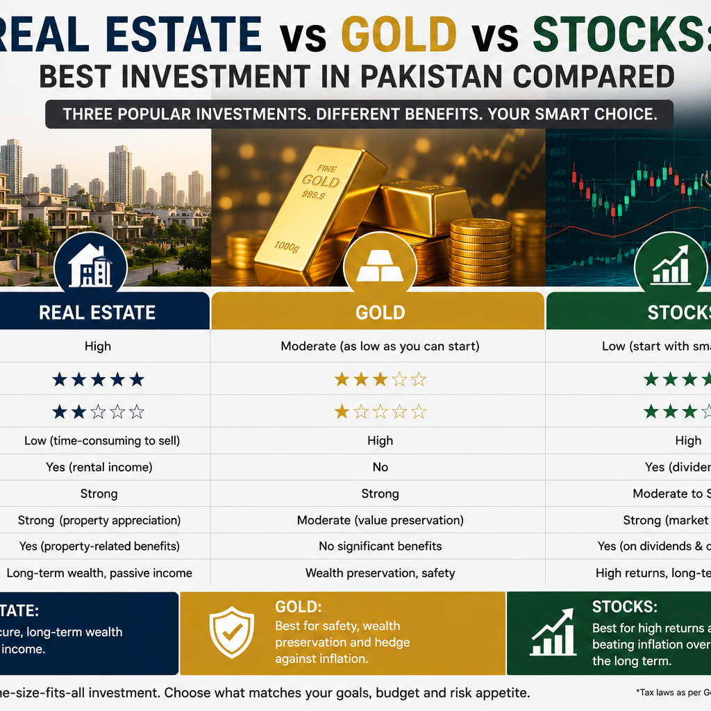 Real Estate vs Gold vs Stocks: Best Investment in Pakistan Compared